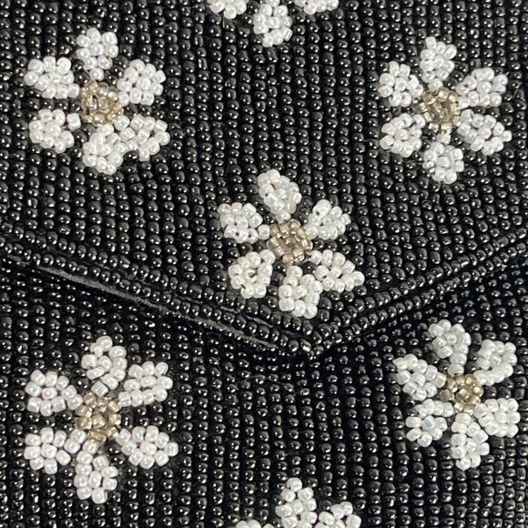 Handcrafted Women's Black Beaded Flowers Pattern Handbag Clutch Sz S - Picture 5 of 8